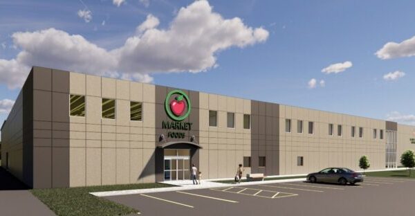 Exterior rendering of The Market, Second Harvest Northland's food shelf, with parking lot and main entrance